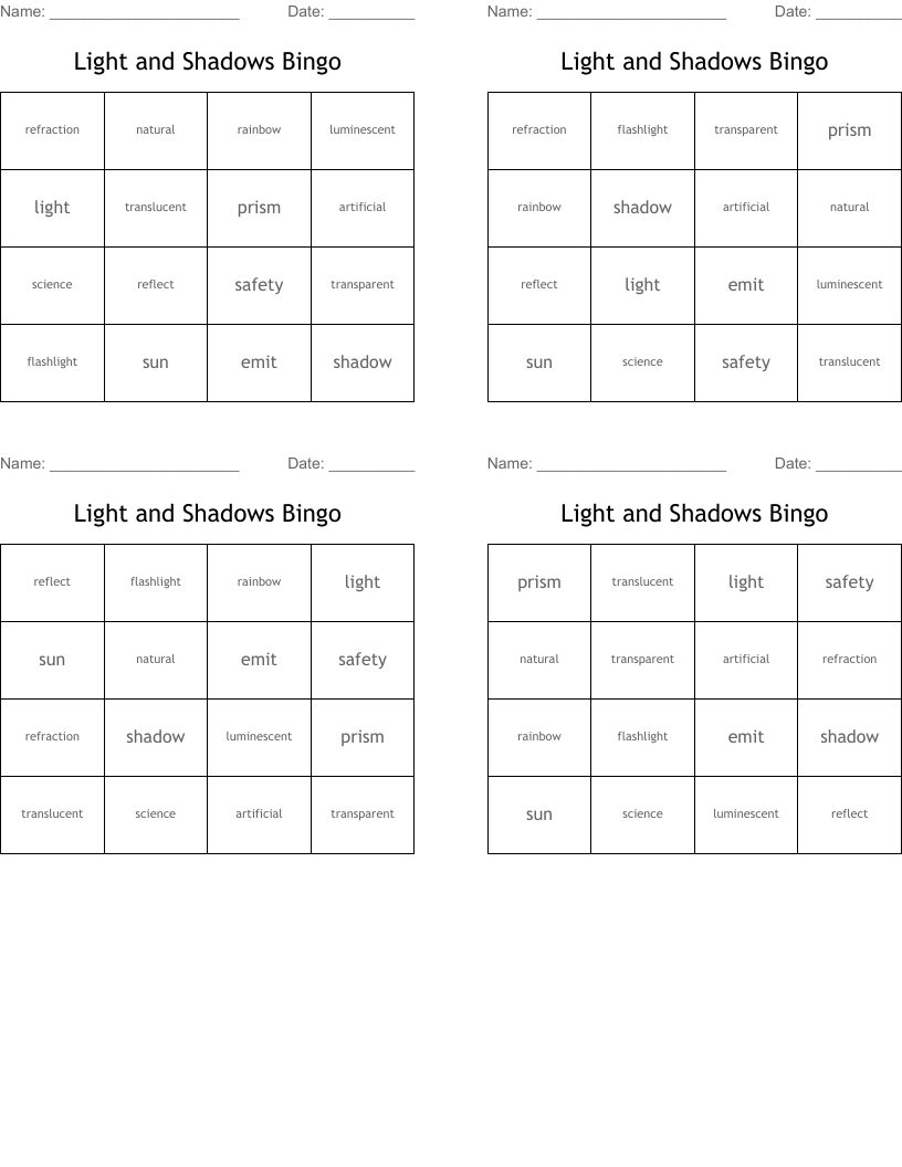 Light and Shadows Bingo