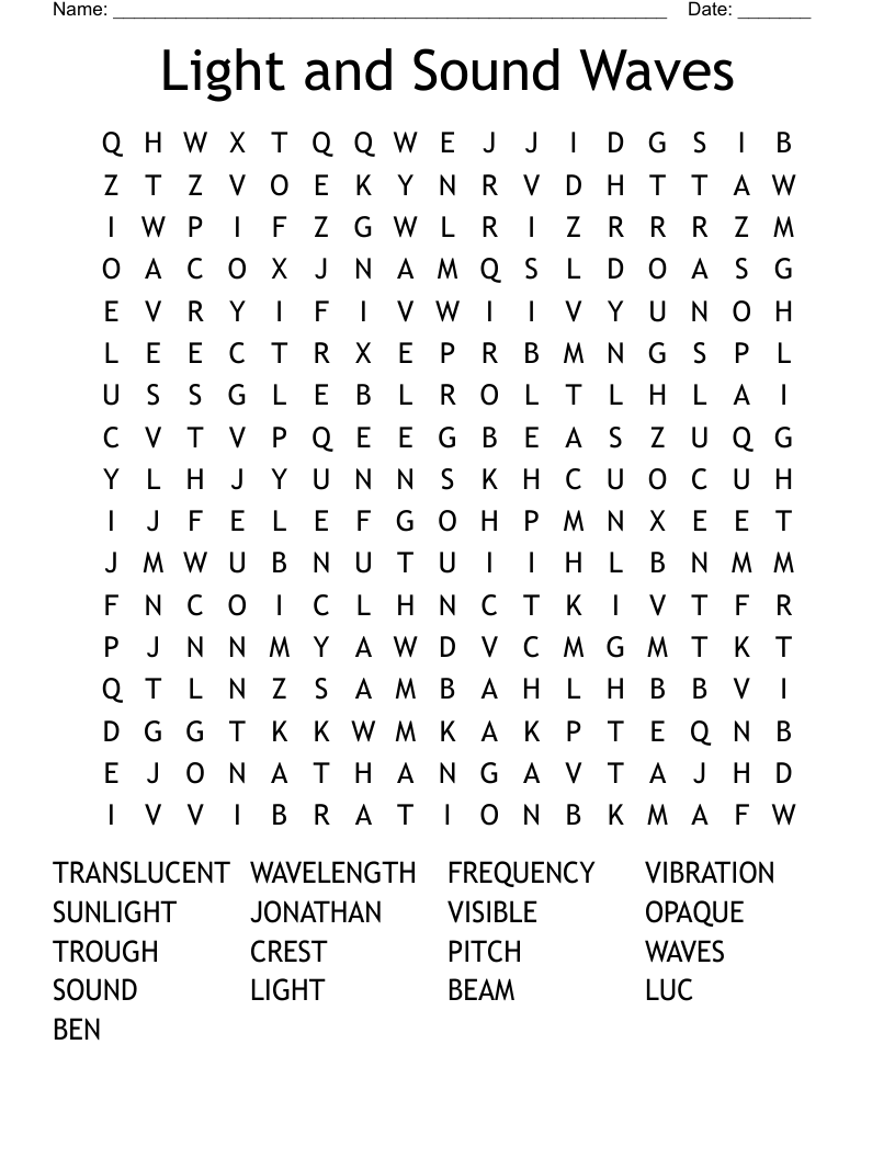 Light and Sound Waves Word Search