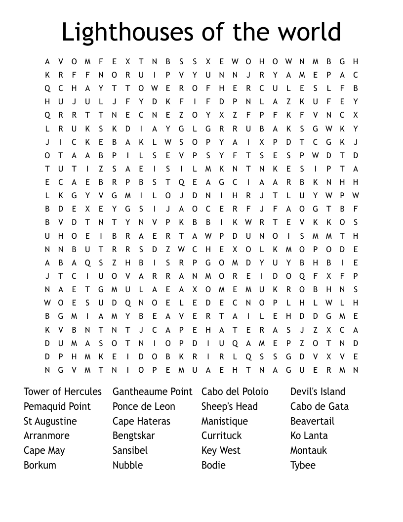 Lighthouses of the world Word Search