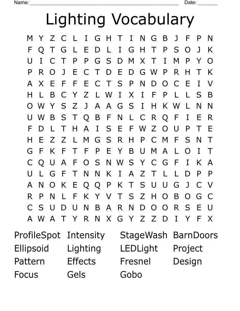 Lighting Vocabulary Word Search