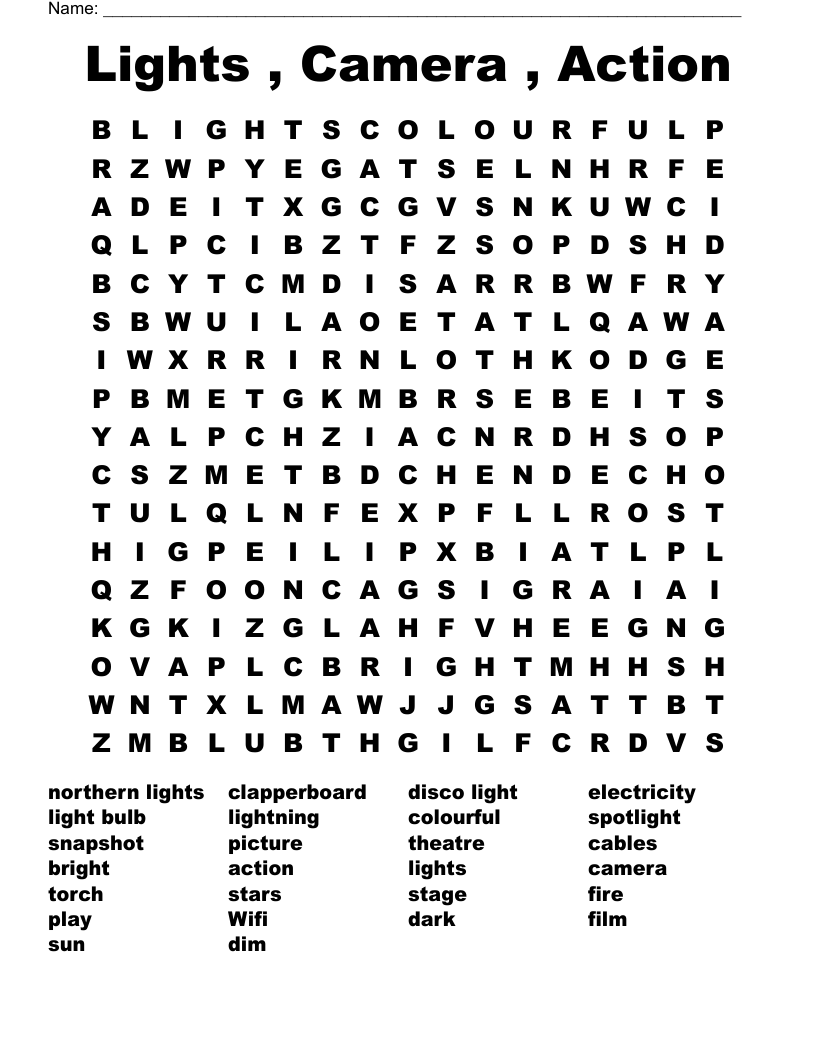 Lights , Camera , Action Word Search