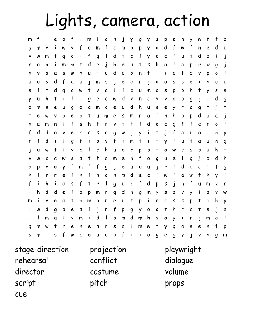 Lights, camera, action Word Search