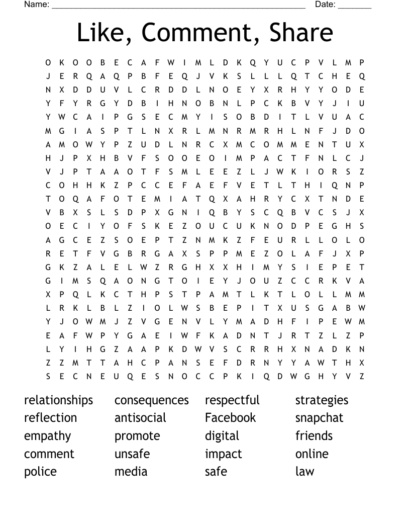 Like, Comment, Share Word Search