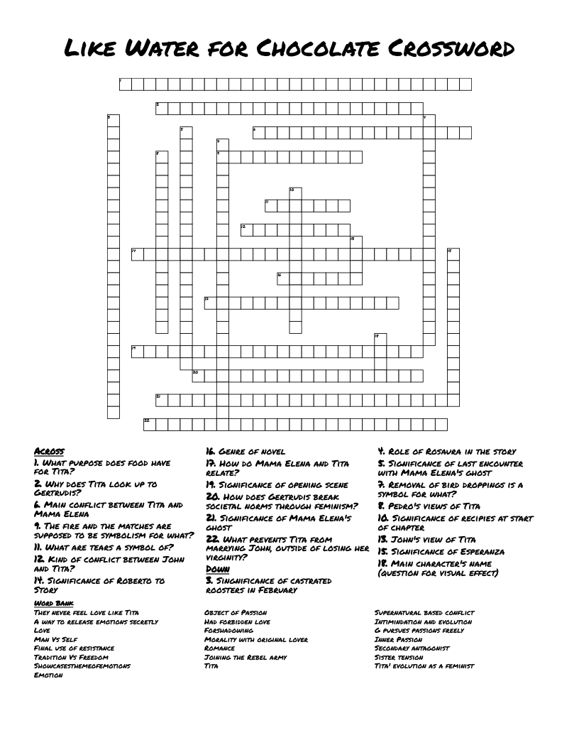 Like Water for Chocolate Crossword 
