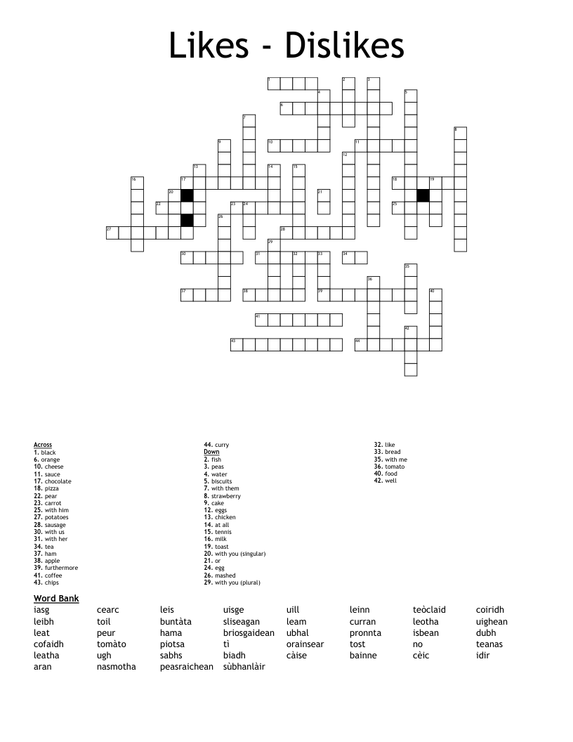 Likes - Dislikes Crossword