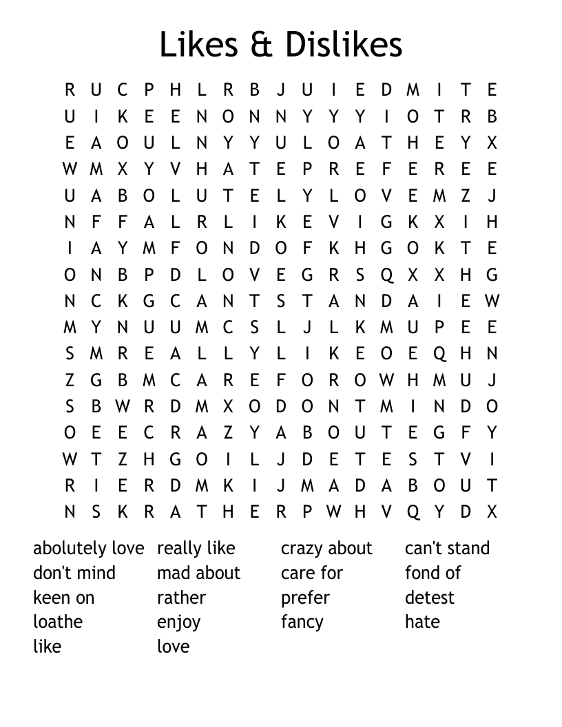 Likes & Dislikes Word Search