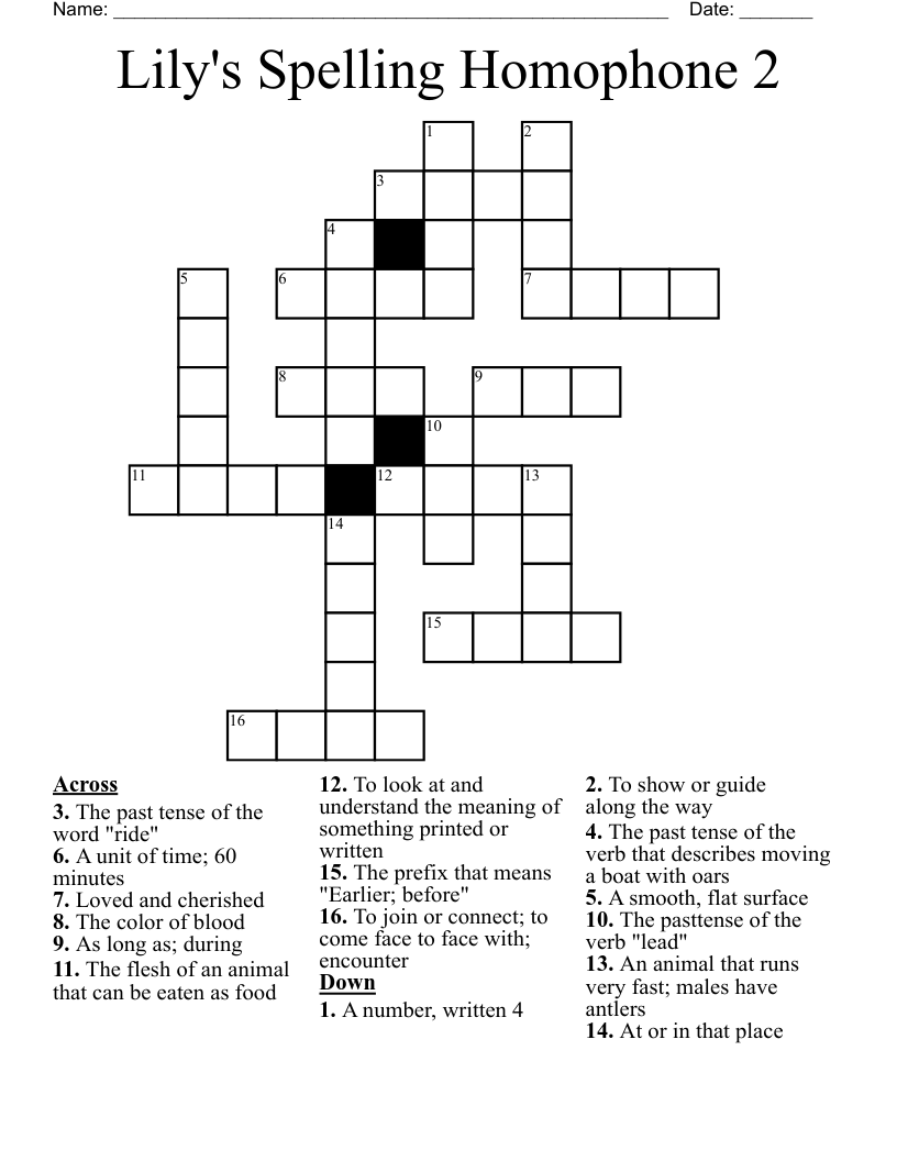 Lily's Spelling Homophone 2 Crossword