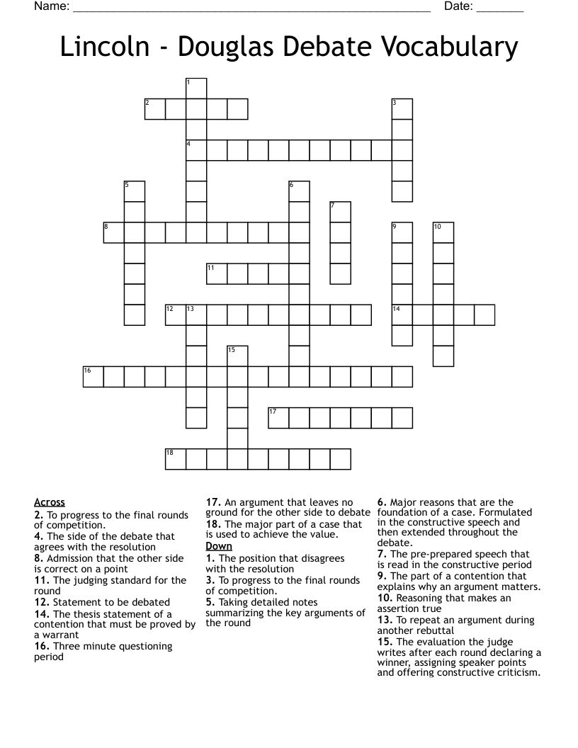 Lincoln - Douglas Debate Vocabulary Crossword
