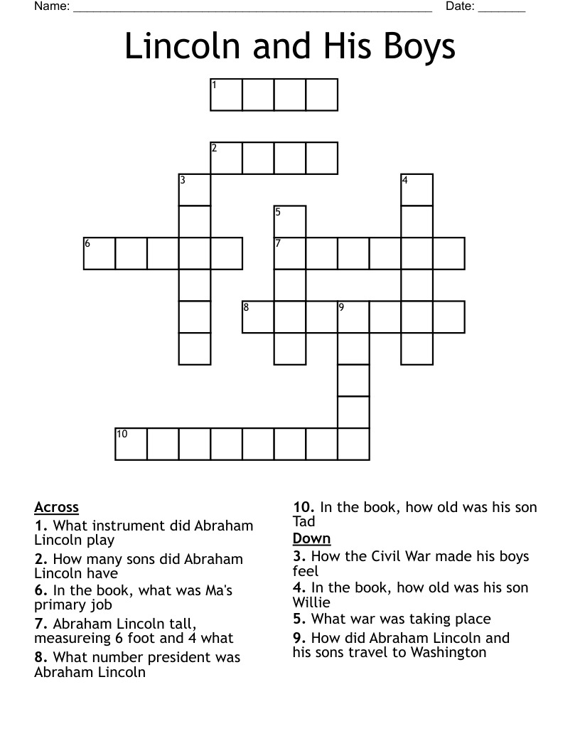 Lincoln and His Boys Crossword