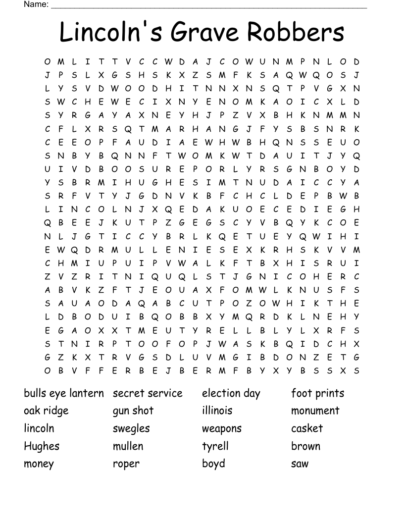 Lincoln's Grave Robbers Word Search