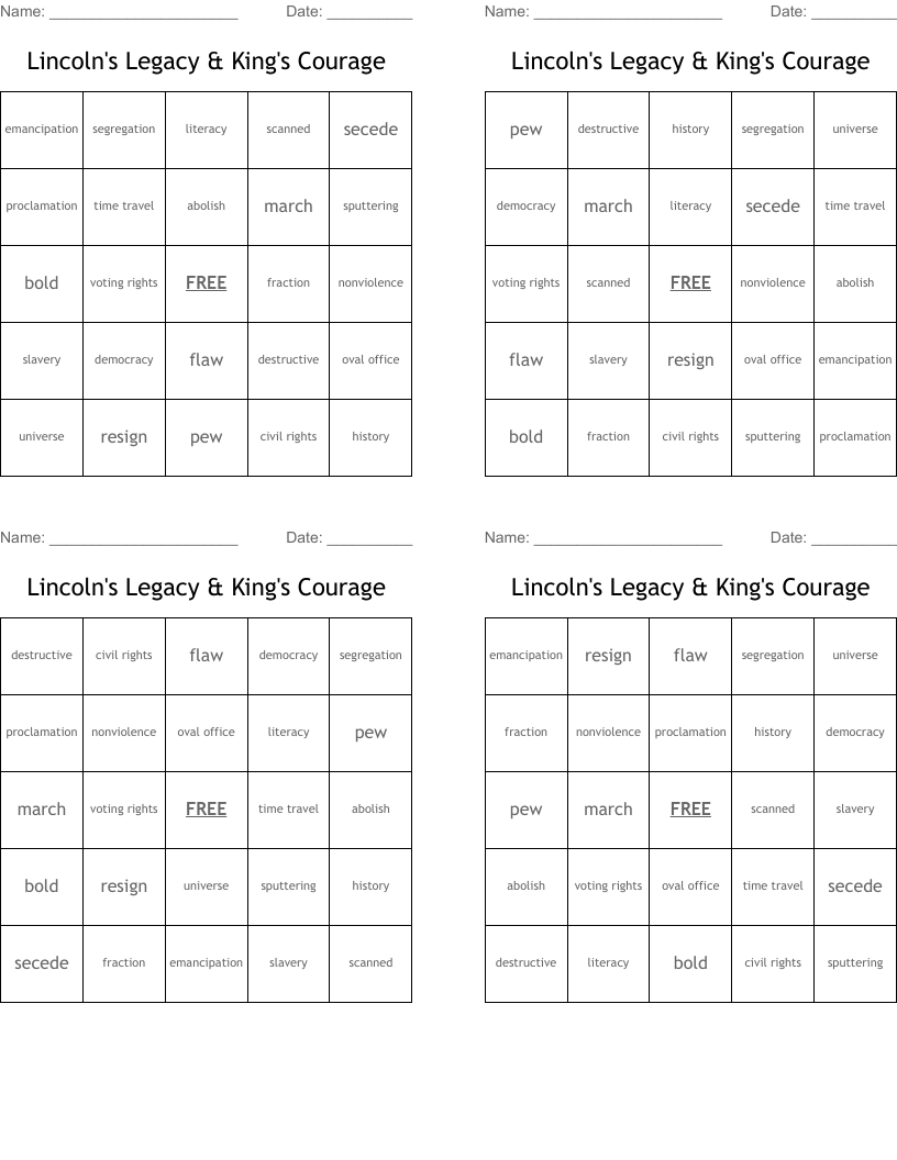 Lincoln's Legacy & King's Courage Bingo Cards