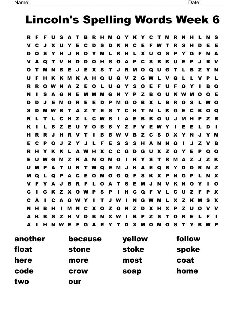 Lincoln's Spelling Words Week 6 Word Search