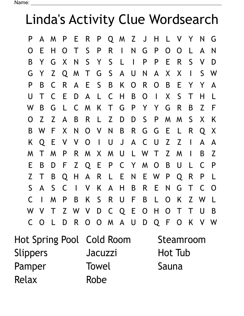 Linda's Activity Clue Wordsearch