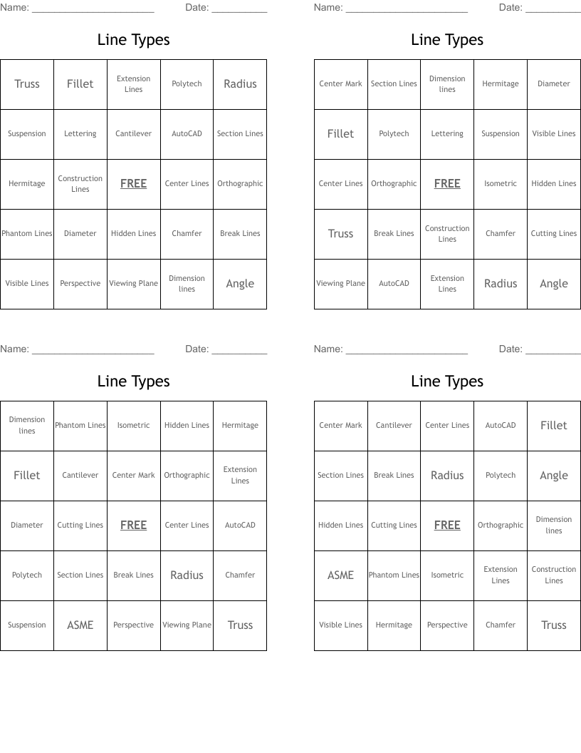 Line Types Bingo Cards