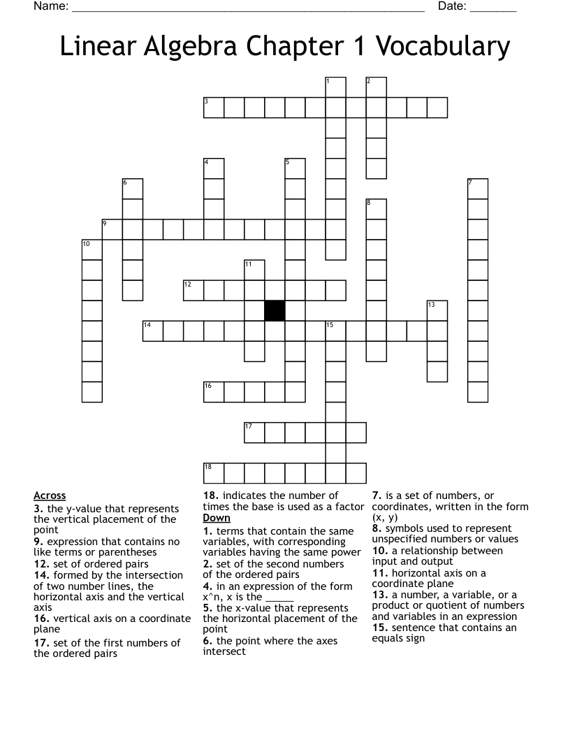 Linear Algebra Chapter 1 Vocabulary Crossword