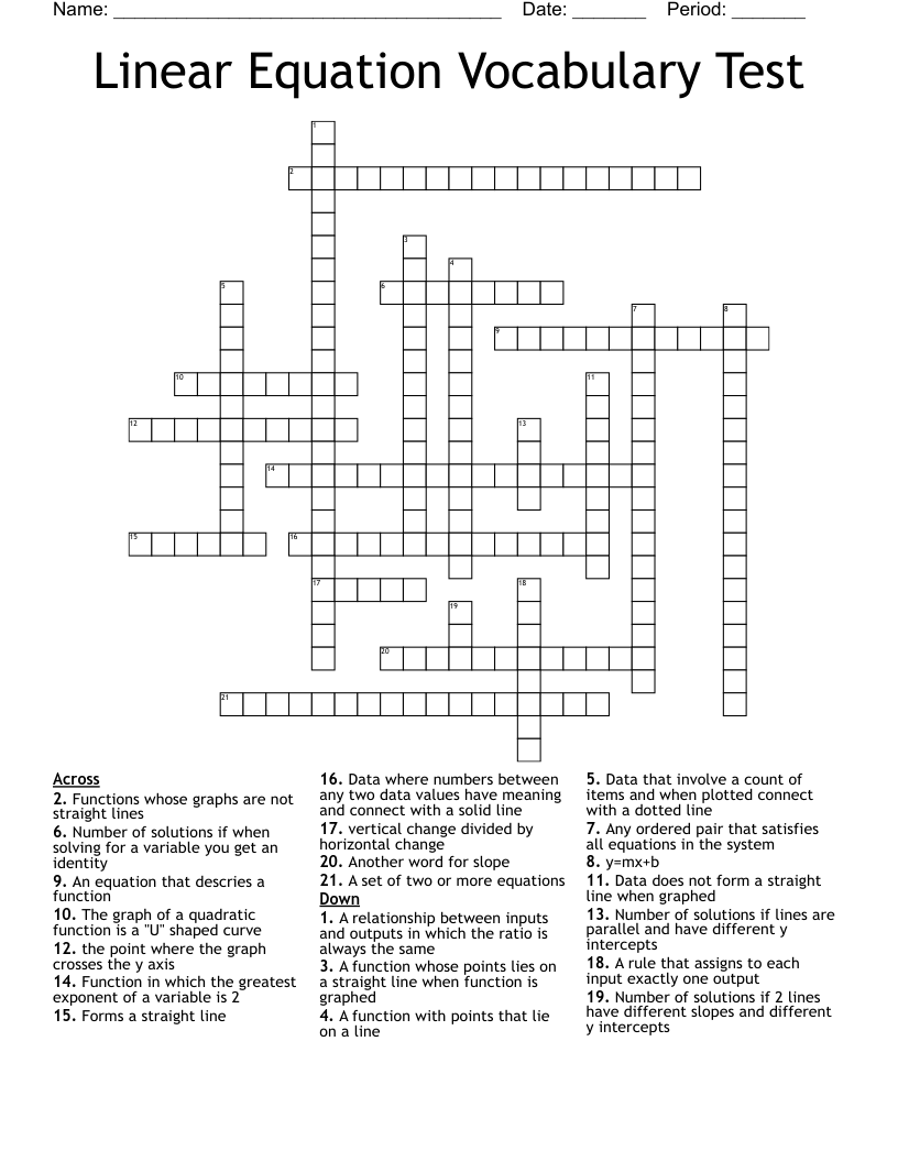 Linear Equation Vocabulary Test Crossword