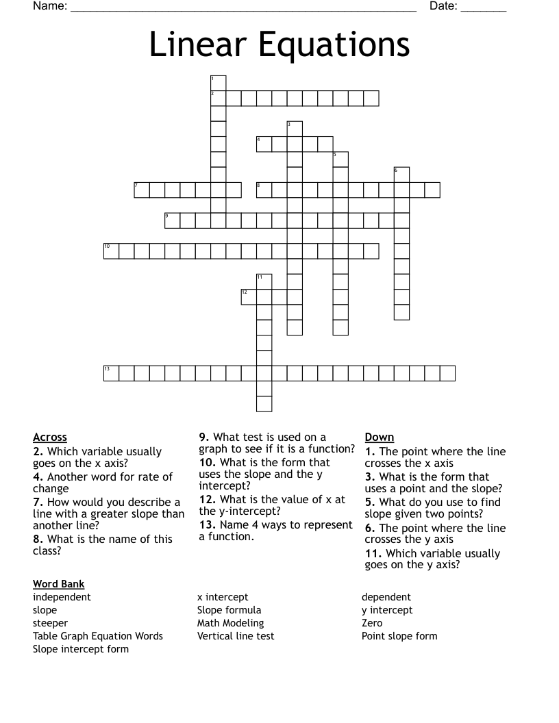 Linear Equations Crossword