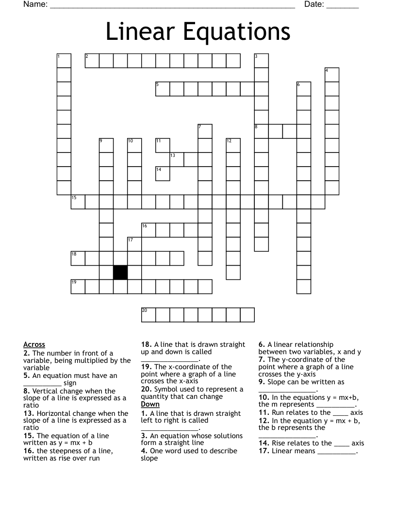 Linear Equations Crossword