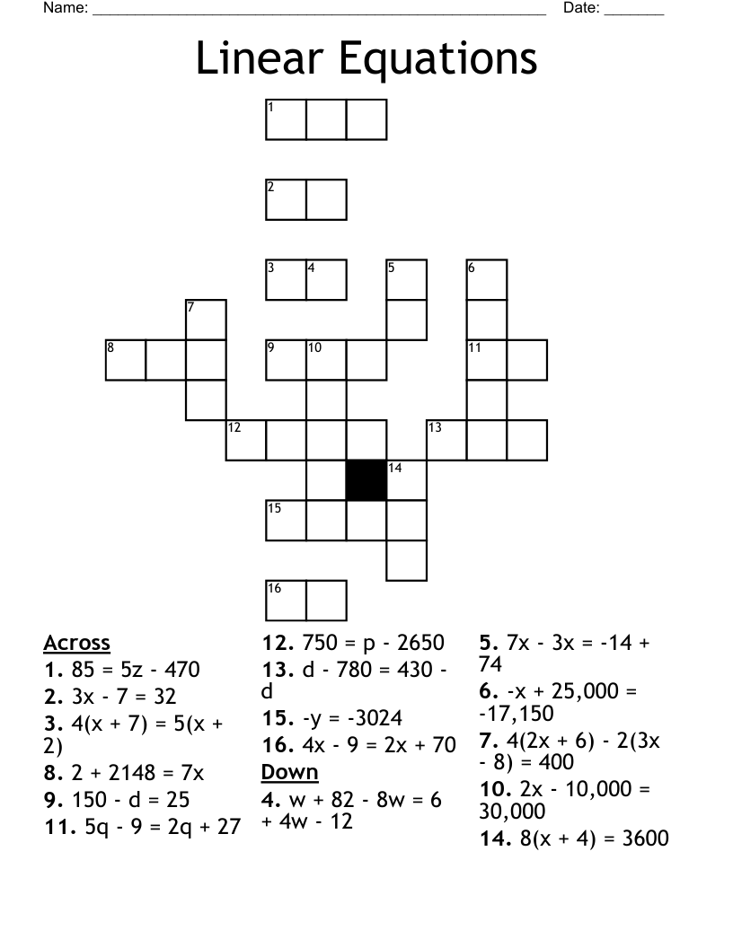 Linear Equations Crossword