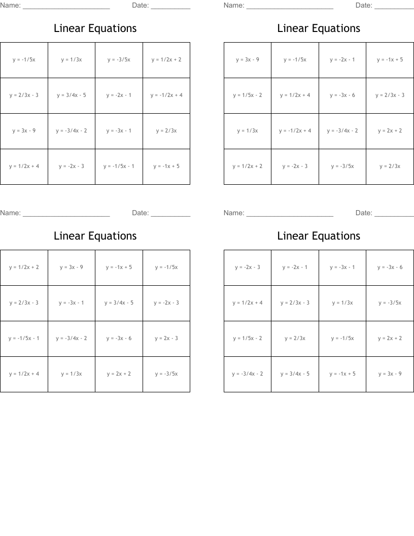 Linear Equations Bingo Cards