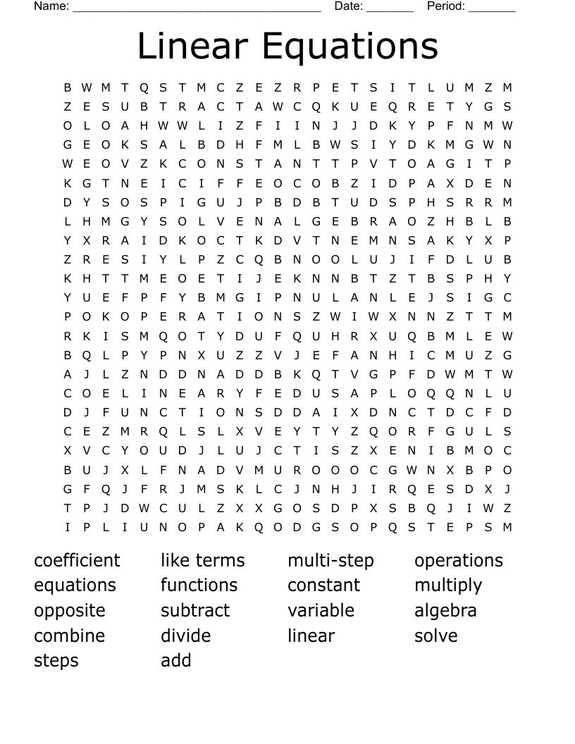 Linear Equations Word Search