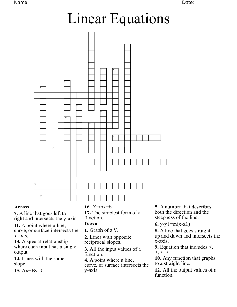 Linear Equations Crossword