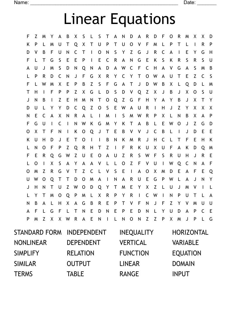 Linear Equations Word Search