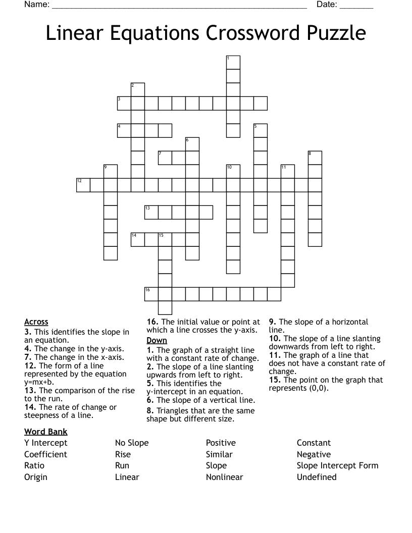 Linear Equations Crossword Puzzle 
