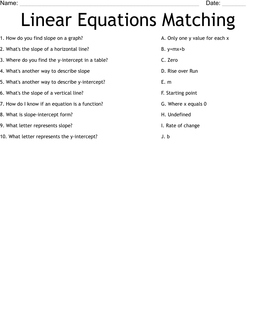 Linear Equations Matching Worksheet