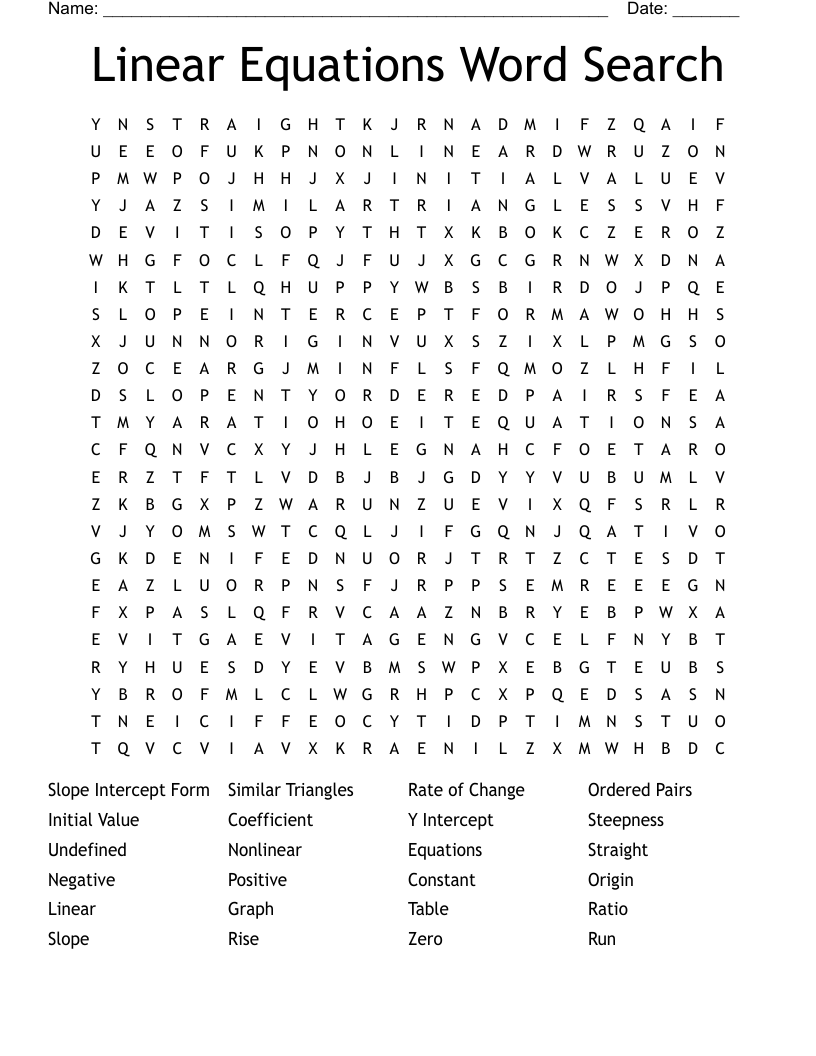 Linear Equations Word Search 