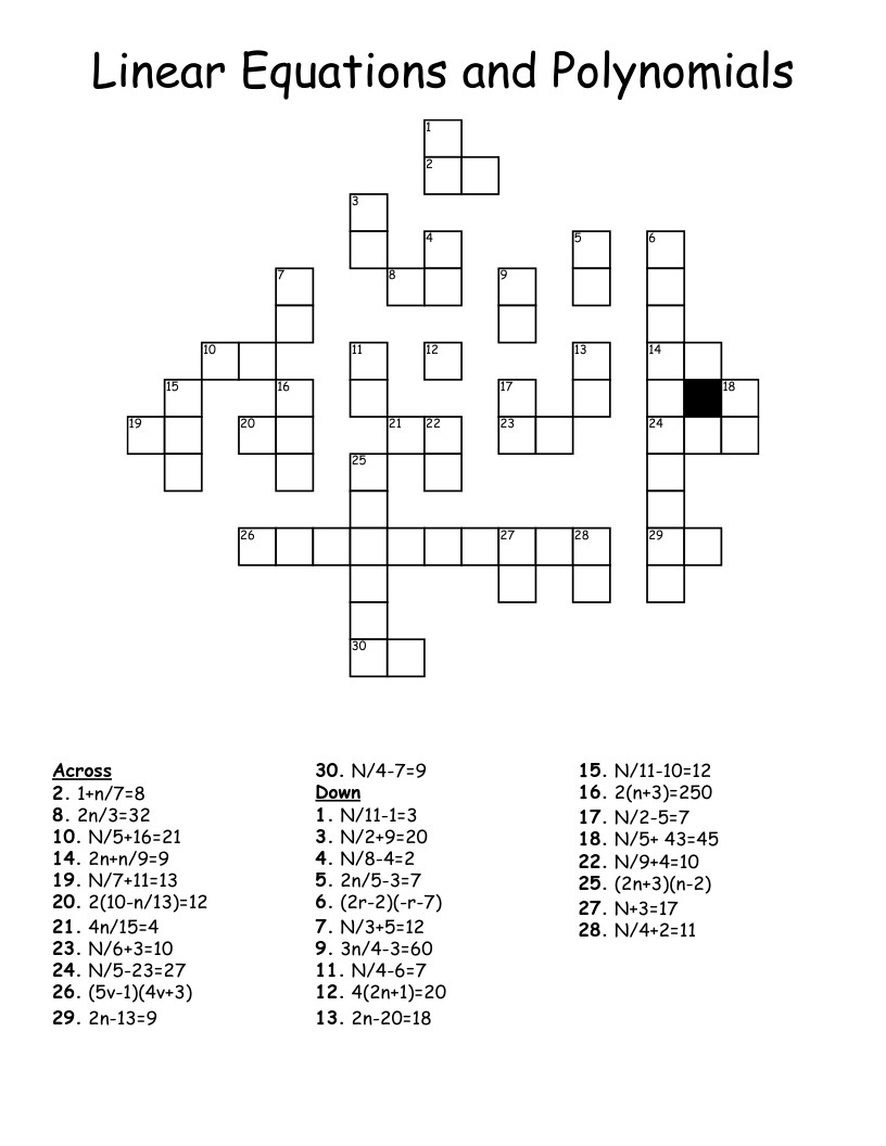 Linear Equations and Polynomials Crossword