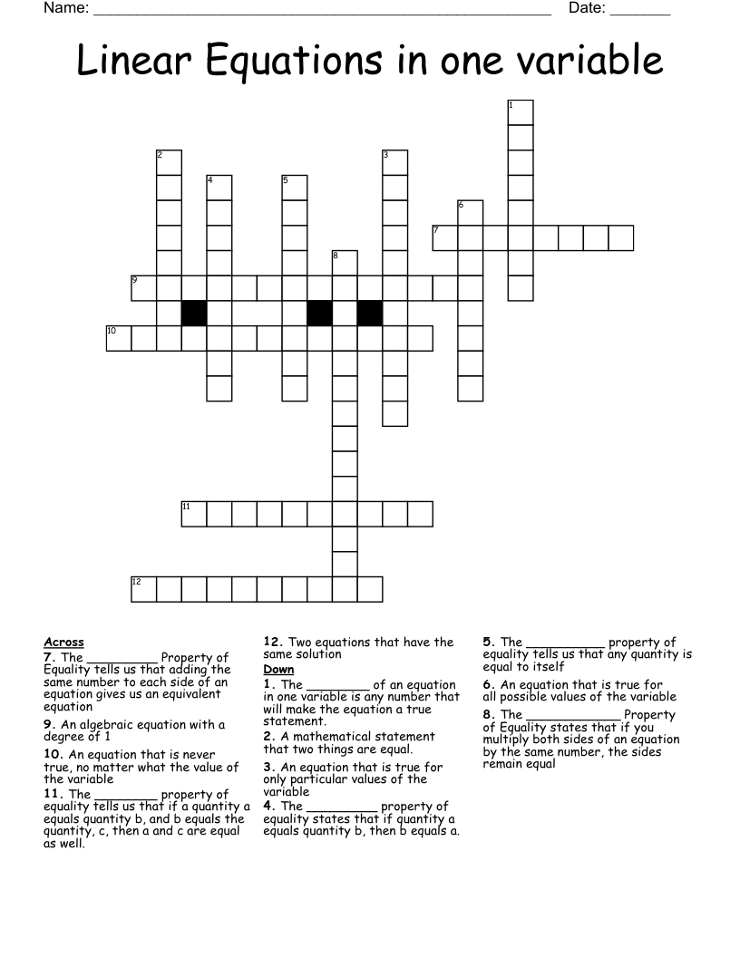 Linear Equations in one variable Crossword