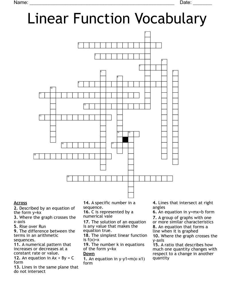 Linear Function Vocabulary Crossword