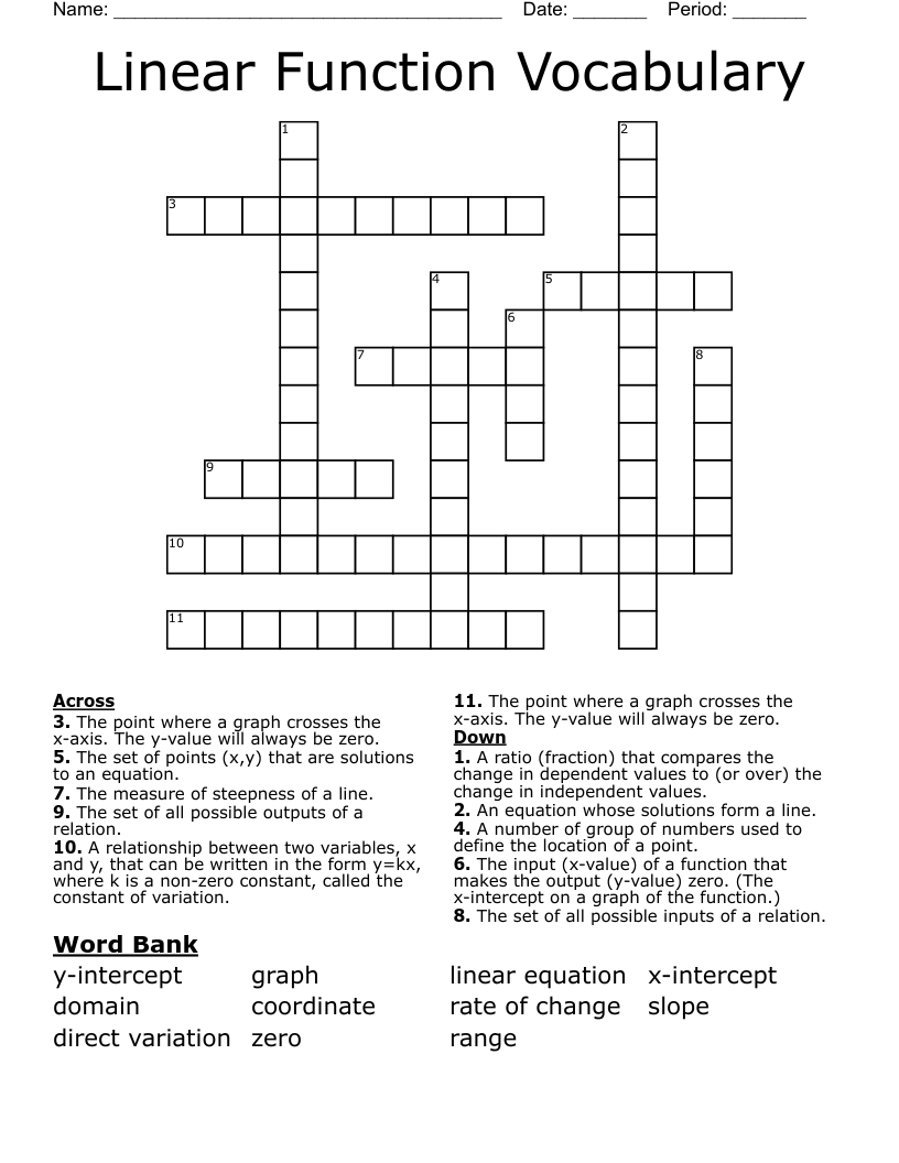 Linear Function Vocabulary Crossword