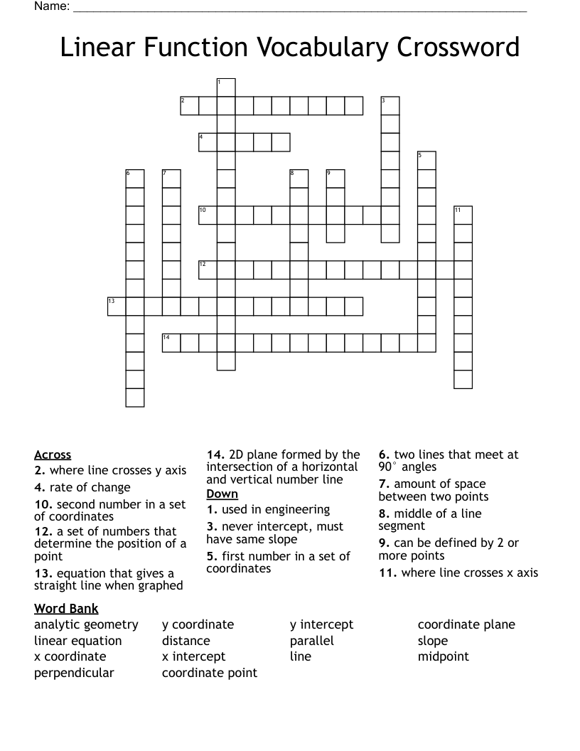 Linear Function Vocabulary Crossword
