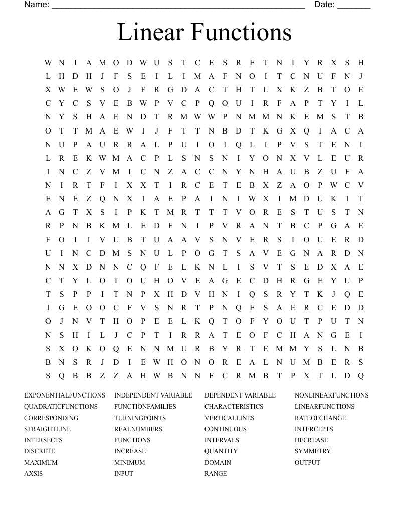 Linear Functions Word Search