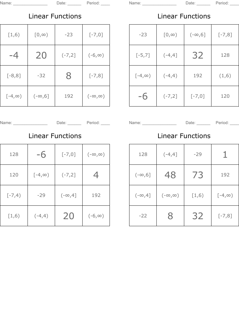 Linear Functions Bingo Cards