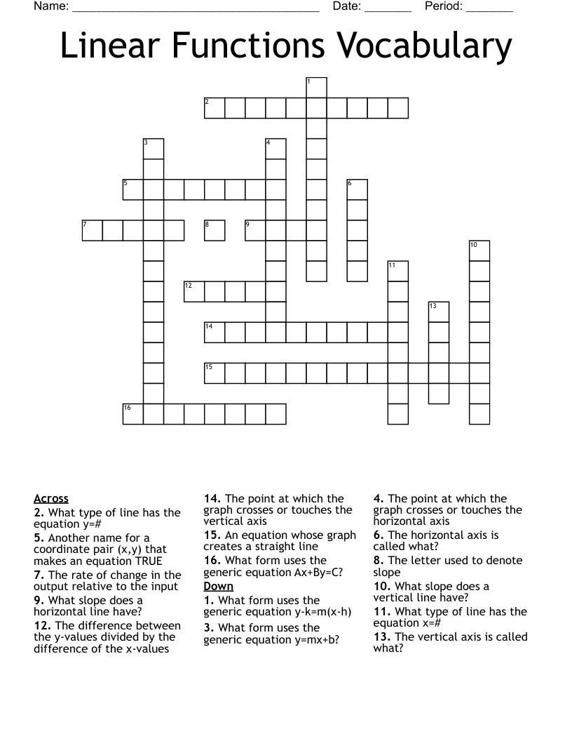 Linear Functions Vocabulary Crossword