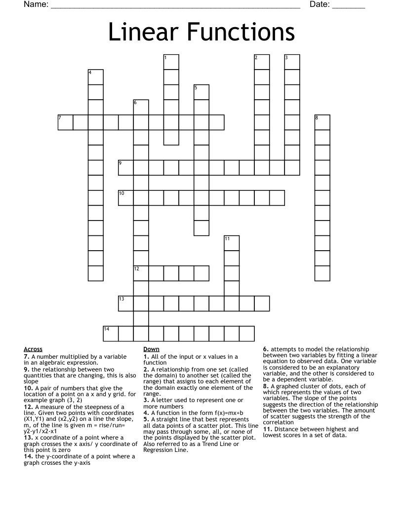Linear Functions   Crossword