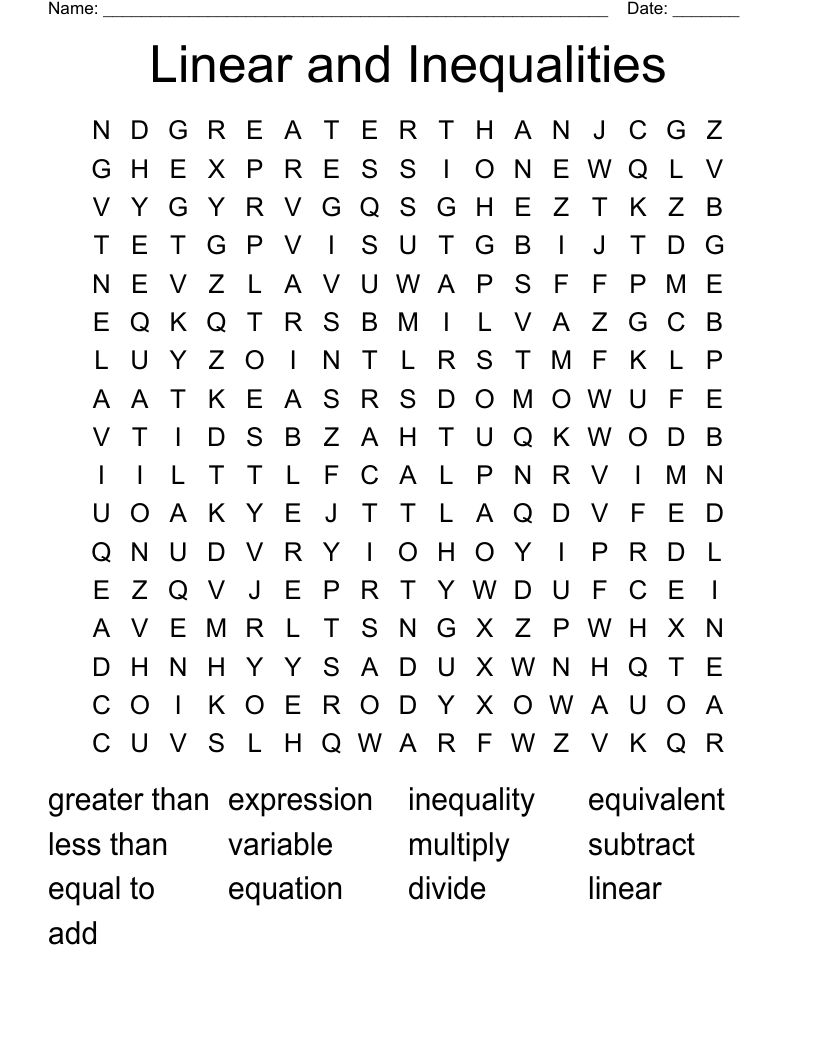 Linear and Inequalities Word Search