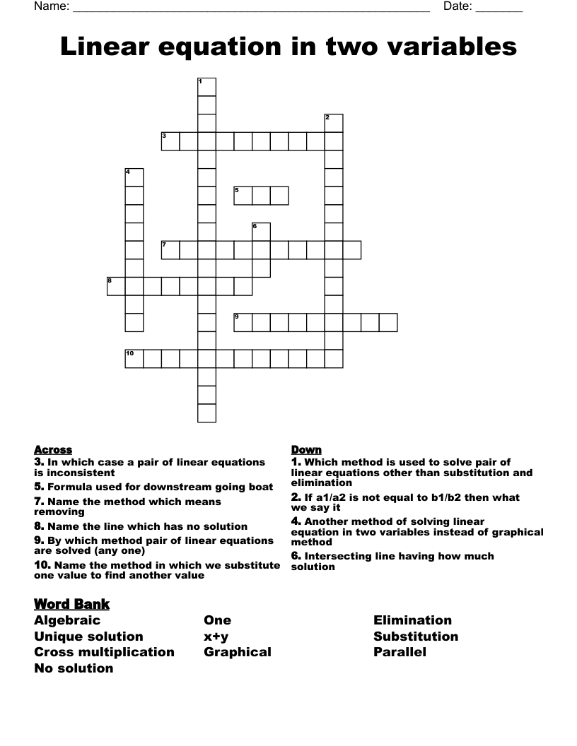 Linear equation in two variables Crossword