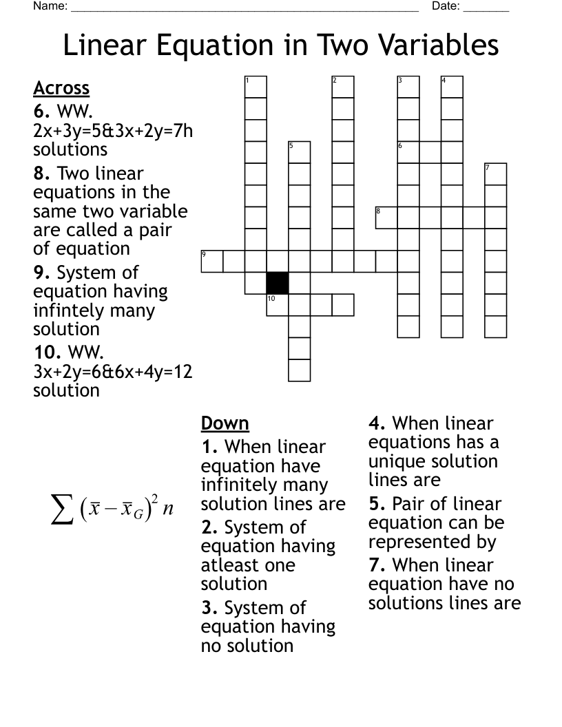 Linear Equation in Two Variables  Crossword
