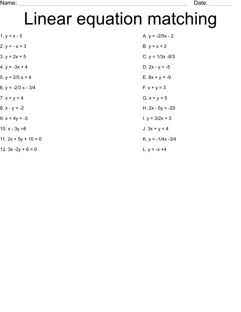 Linear equation matching  Worksheet