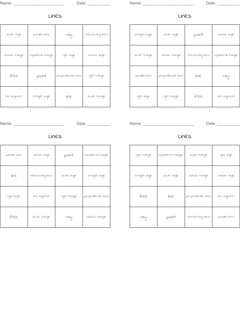 Lines Bingo Cards