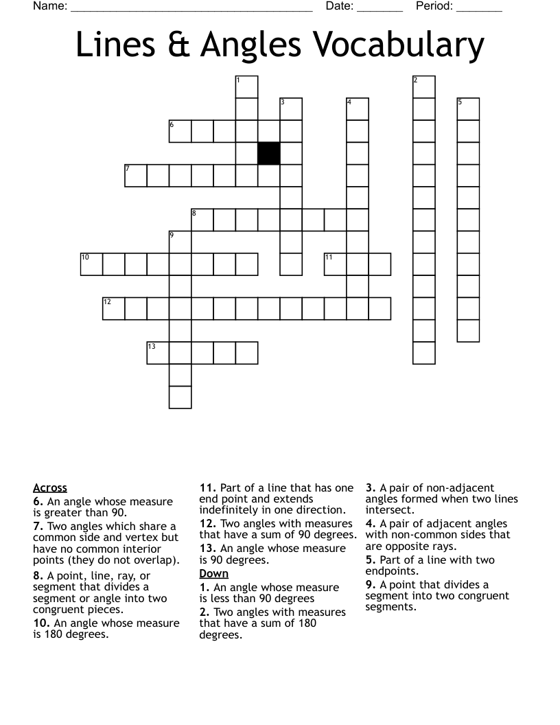 Lines & Angles Vocabulary Crossword