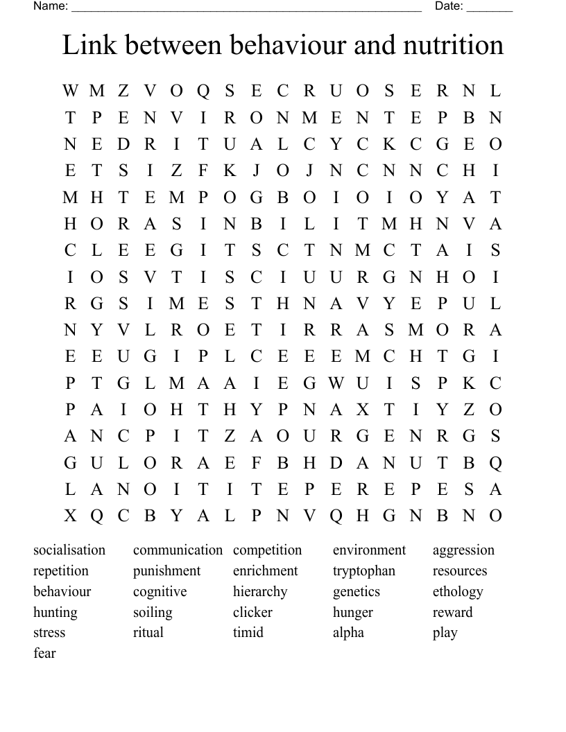 Link between behaviour and nutrition  Word Search