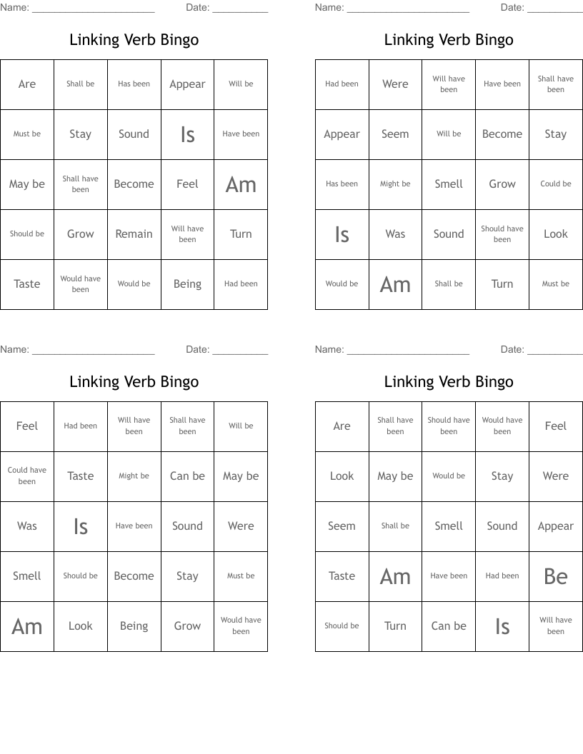 Linking Verb Bingo