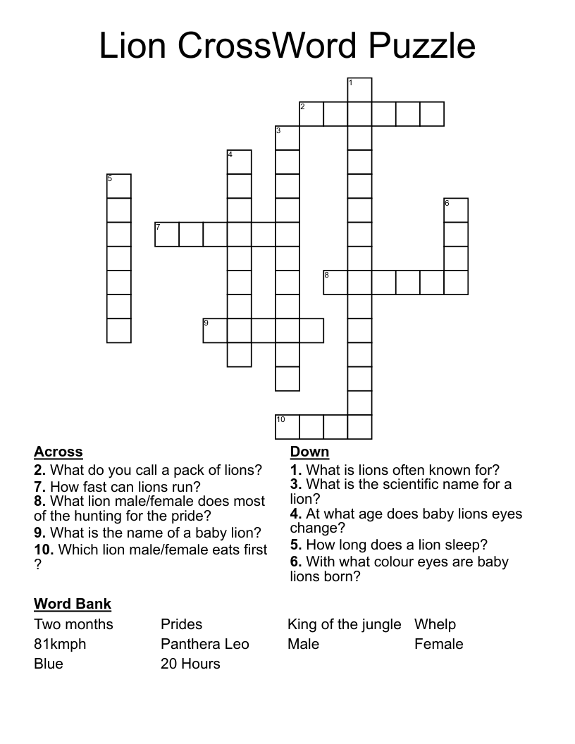 Lion CrossWord Puzzle