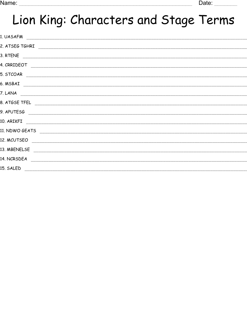Lion King: Characters and Stage Terms Word Scramble