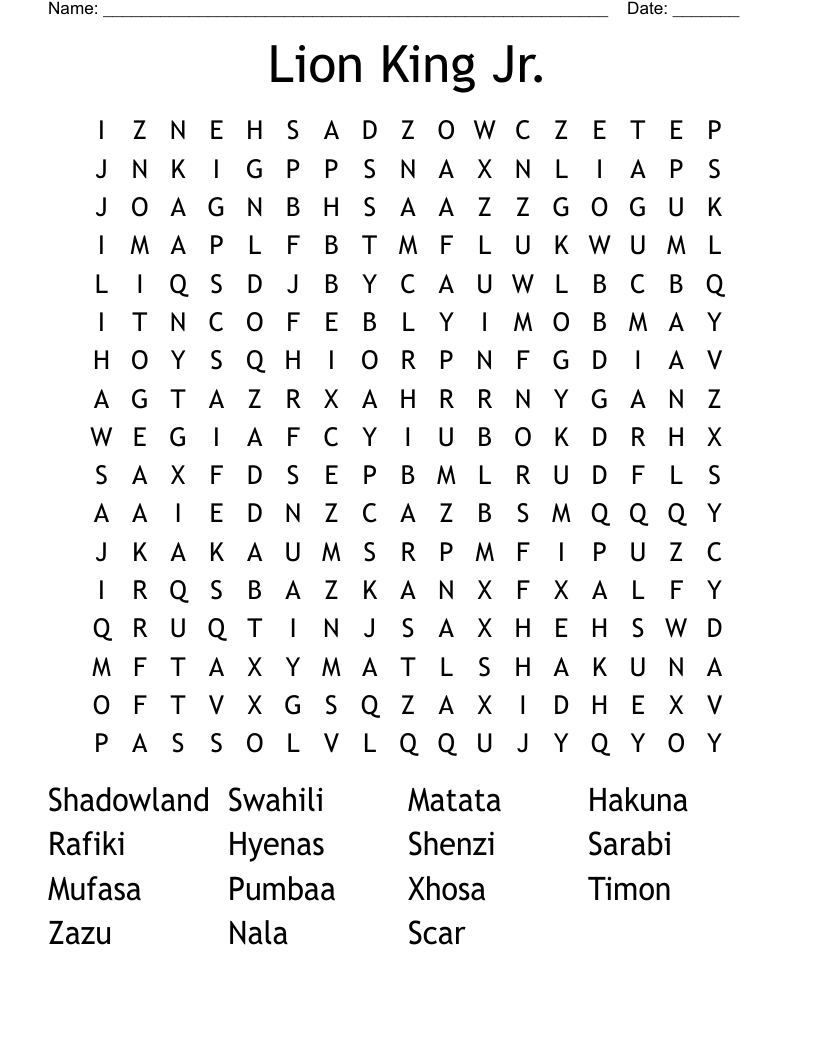 Lion King Jr. Word Search